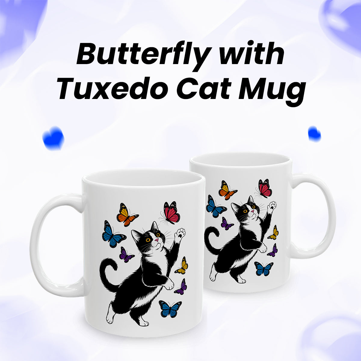 Butterfly with Tuxedo Cat Mug – Adorable Cat Lover Coffee Cup in White and Black – 11oz Ceramic Gift Mug