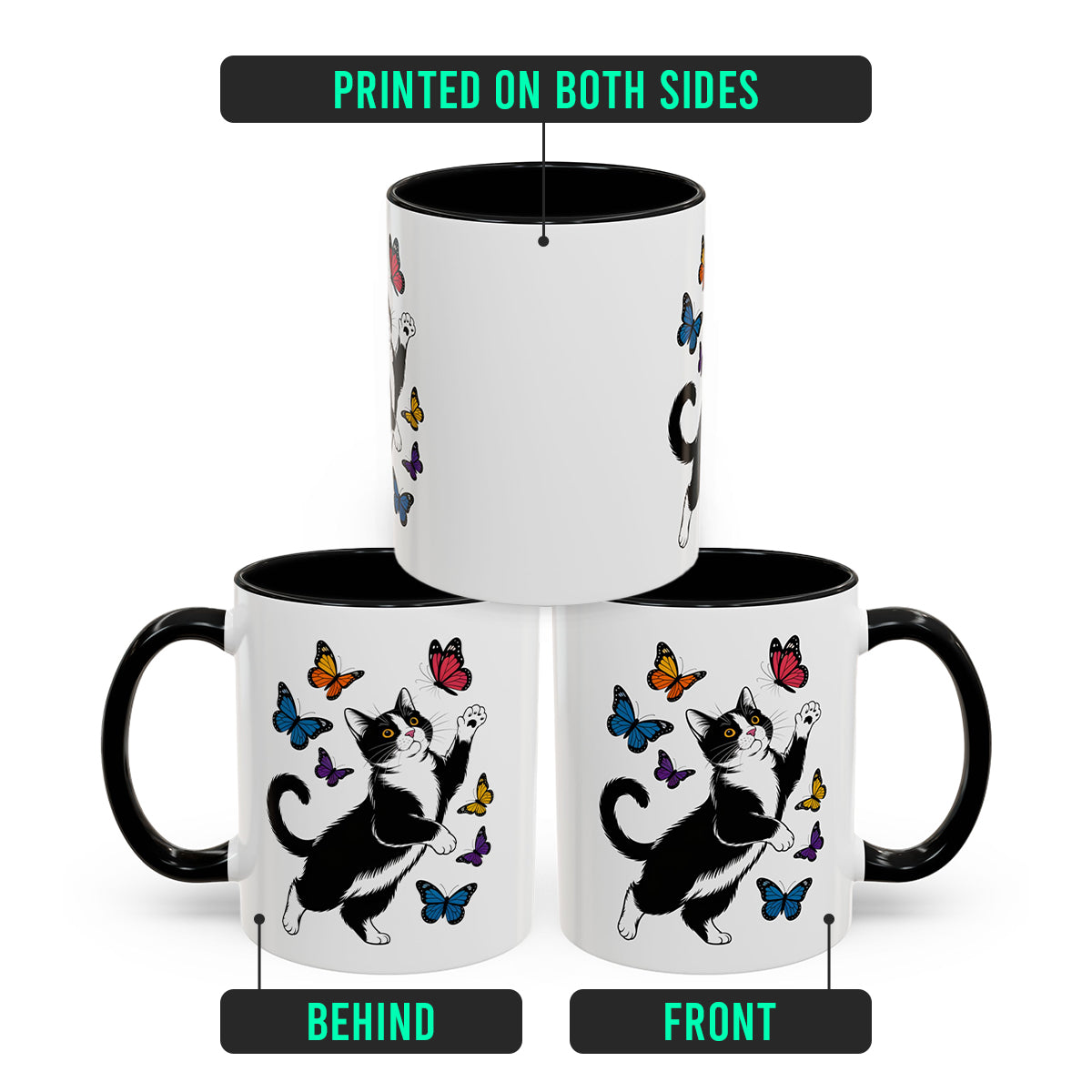 Butterfly and Tuxedo Cat Coffee Mug – Cute Cat Lover Coffee Cup with Black Accent – 11oz Ceramic Mug Gift