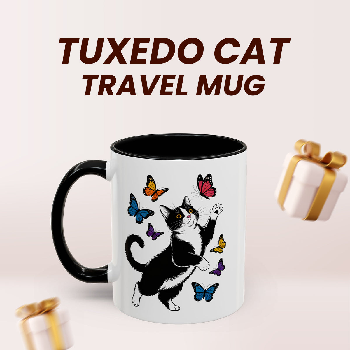 Butterfly and Tuxedo Cat Coffee Mug – Cute Cat Lover Coffee Cup with Black Accent – 11oz Ceramic Mug Gift