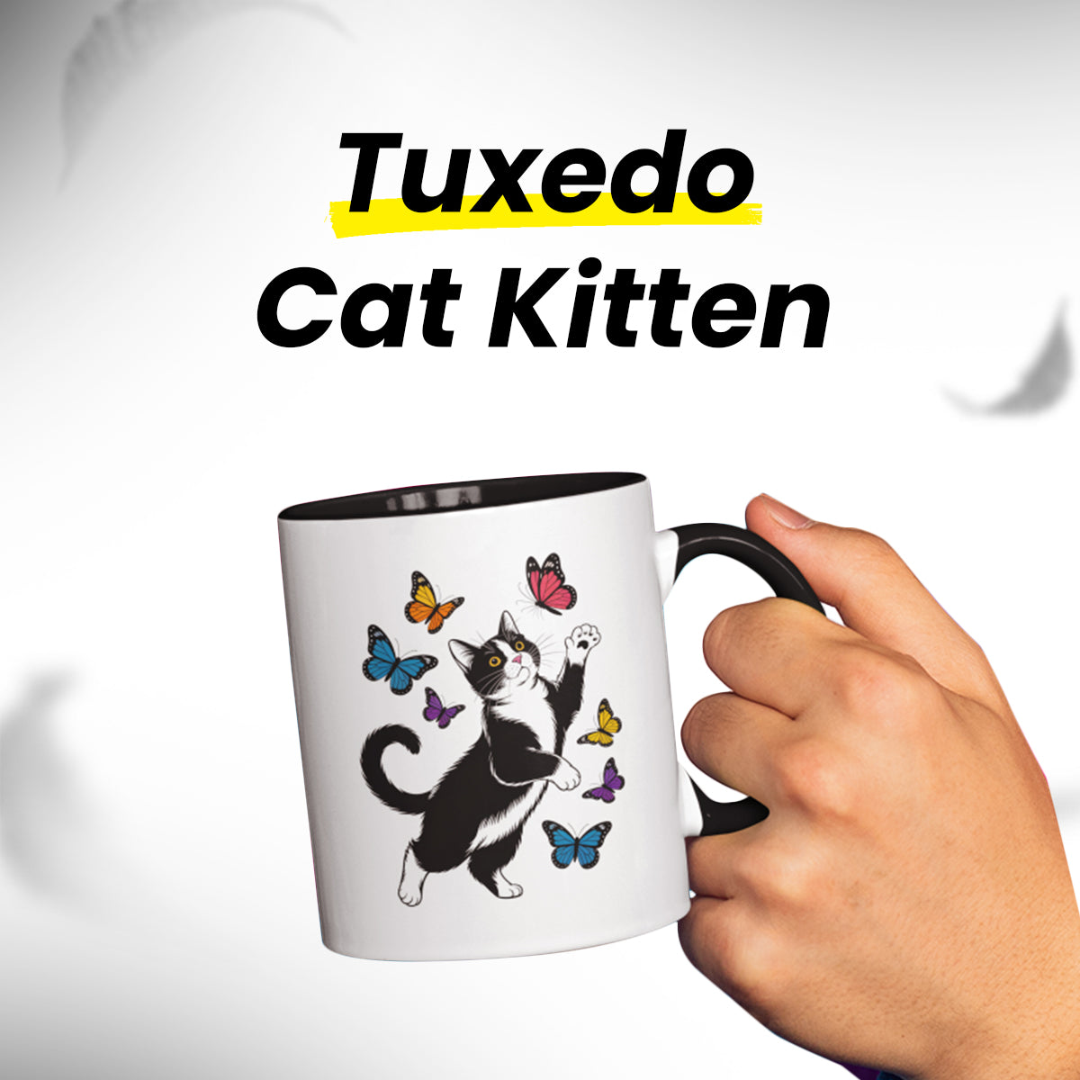 Butterfly and Tuxedo Cat Coffee Mug – Cute Cat Lover Coffee Cup with Black Accent – 11oz Ceramic Mug Gift