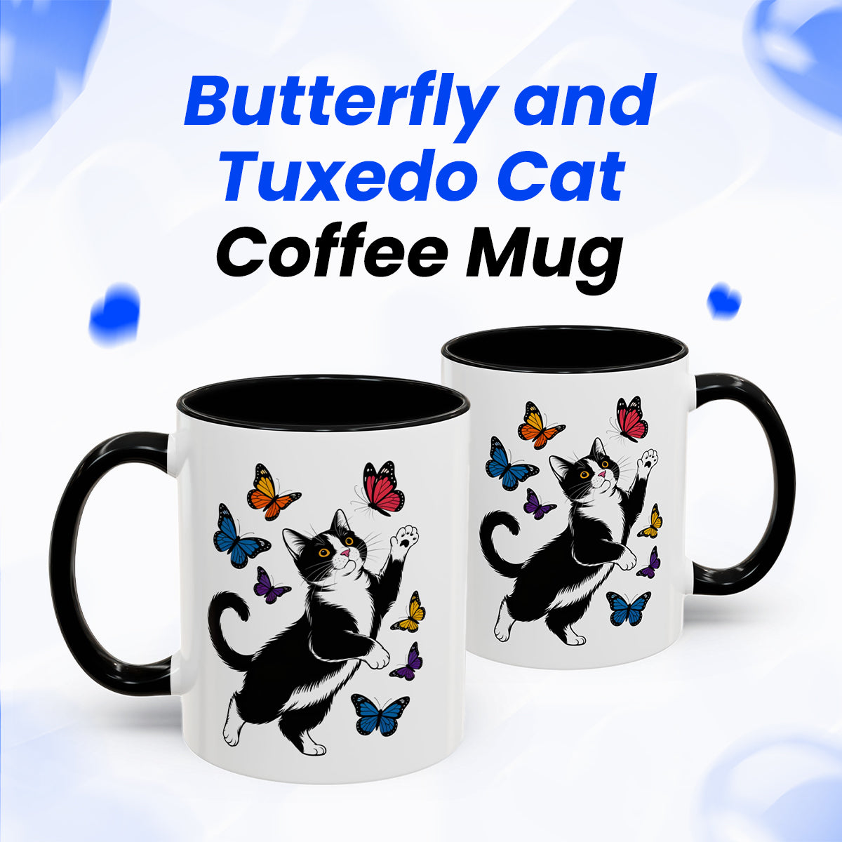 Butterfly and Tuxedo Cat Coffee Mug – Cute Cat Lover Coffee Cup with Black Accent – 11oz Ceramic Mug Gift
