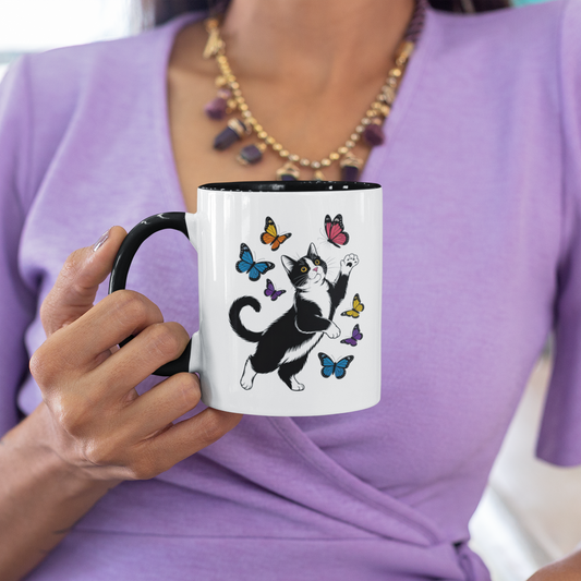 Butterfly and Tuxedo Cat Coffee Mug – Cute Cat Lover Coffee Cup with Black Accent – 11oz Ceramic Mug Gift