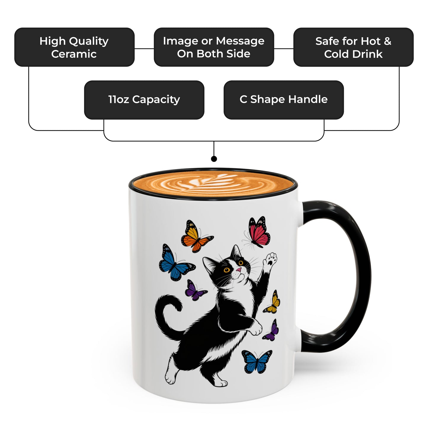 Butterfly and Tuxedo Cat Coffee Mug – Cute Cat Lover Coffee Cup with Black Accent – 11oz Ceramic Mug Gift
