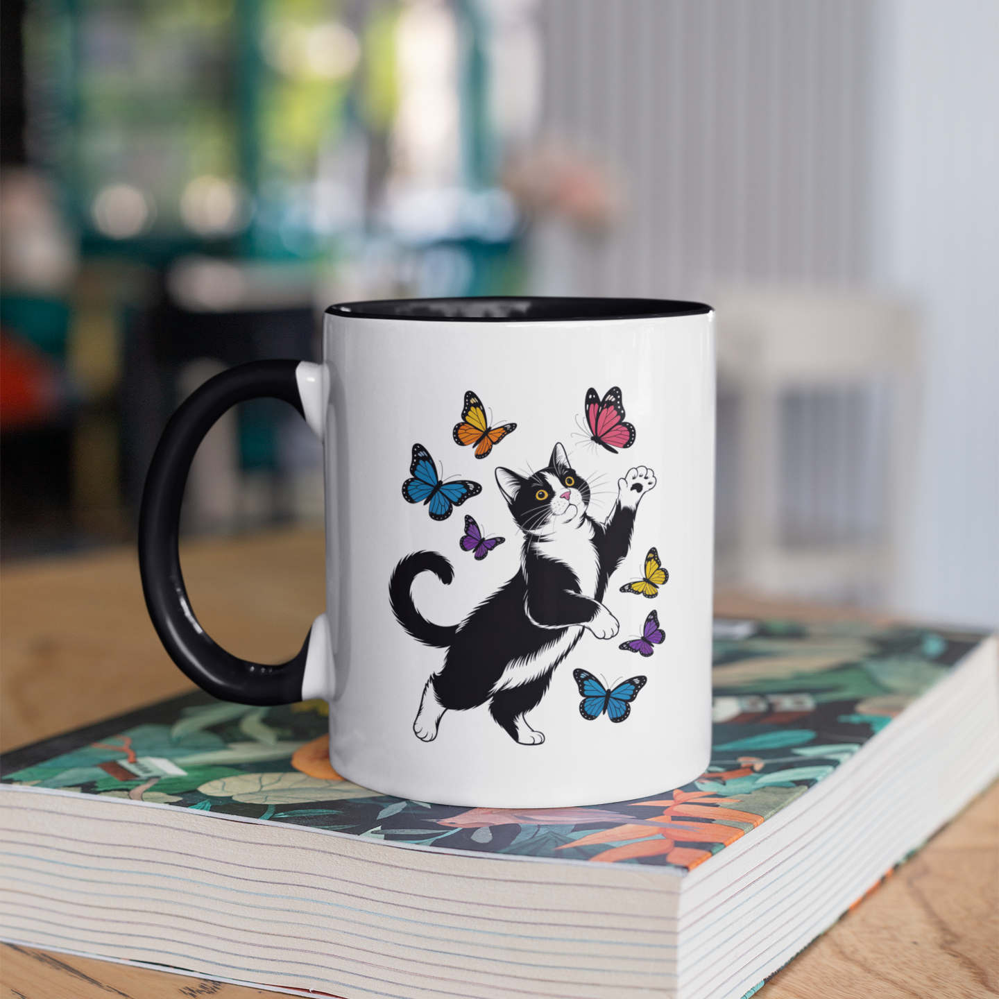Butterfly and Tuxedo Cat Coffee Mug – Cute Cat Lover Coffee Cup with Black Accent – 11oz Ceramic Mug Gift