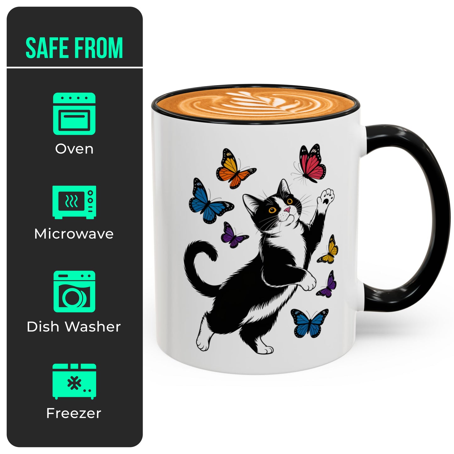 Butterfly and Tuxedo Cat Coffee Mug – Cute Cat Lover Coffee Cup with Black Accent – 11oz Ceramic Mug Gift