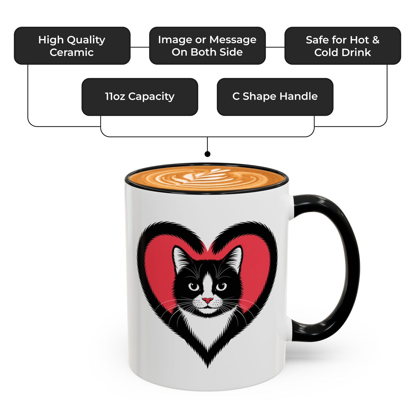 I Love Tuxedo Cat Mug – Cute Tuxedo Cat Lover Coffee Cup with Black Accent – Beautiful Gift for Girlfriend and Cat Lovers