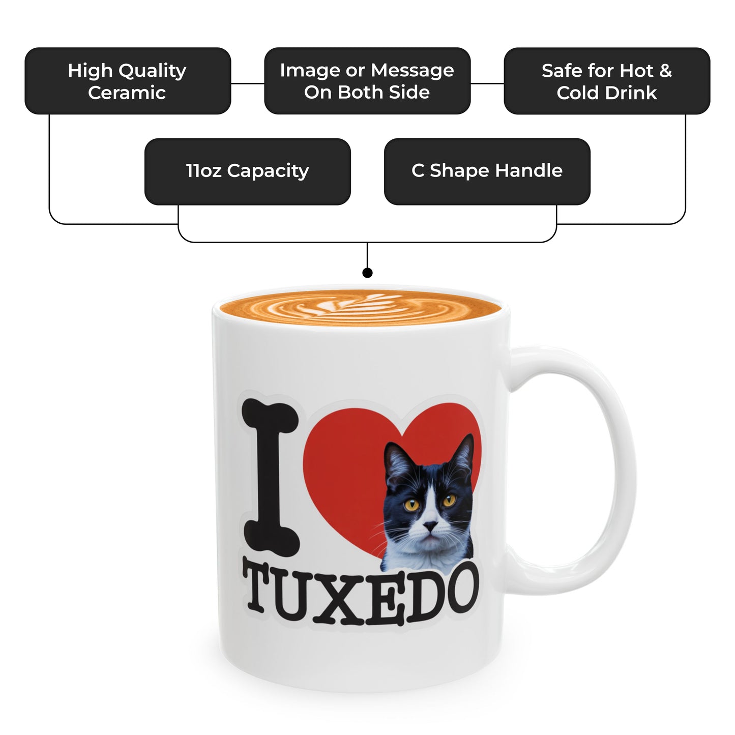I Love Tuxedo Cat Mug – Cute Tuxedo Cat Lover Coffee Cup – Lovely Gift for Women, Men, and Cat Owners