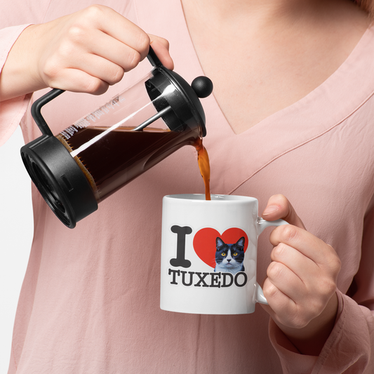 I Love Tuxedo Cat Mug – Cute Tuxedo Cat Lover Coffee Cup – Lovely Gift for Women, Men, and Cat Owners