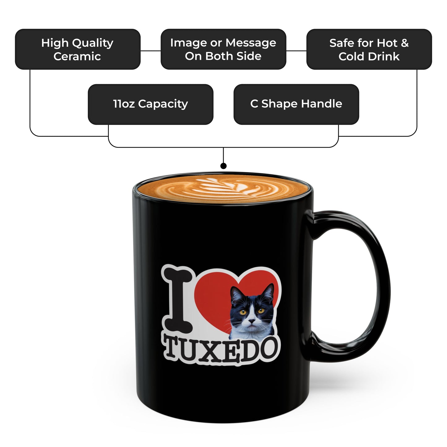 Black Tuxedo Cat Mug – I Love Tuxedo Cat Coffee Cup – Great Gift for Cat Moms, Cat Dads, and Pet Owners