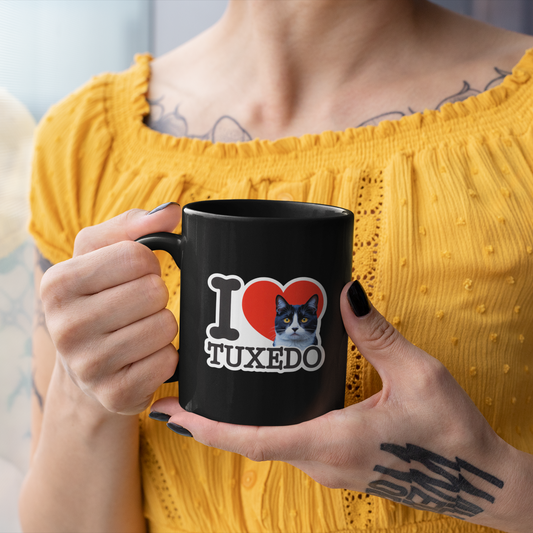 Black Tuxedo Cat Mug – I Love Tuxedo Cat Coffee Cup – Great Gift for Cat Moms, Cat Dads, and Pet Owners