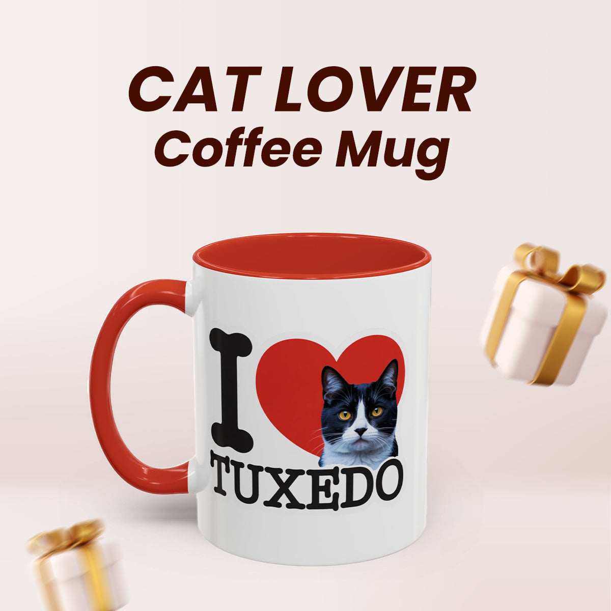 Red Accent I Love Tuxedo Cat Mug – Cute Tuxedo Cat Lover Coffee Cup with Red Accent – Lovely Gift for Girlfriend and Cat Lovers