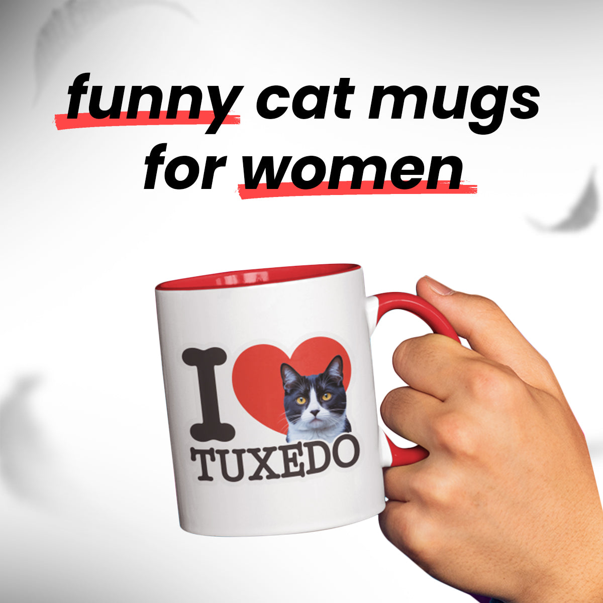 Red Accent I Love Tuxedo Cat Mug – Cute Tuxedo Cat Lover Coffee Cup with Red Accent – Lovely Gift for Girlfriend and Cat Lovers