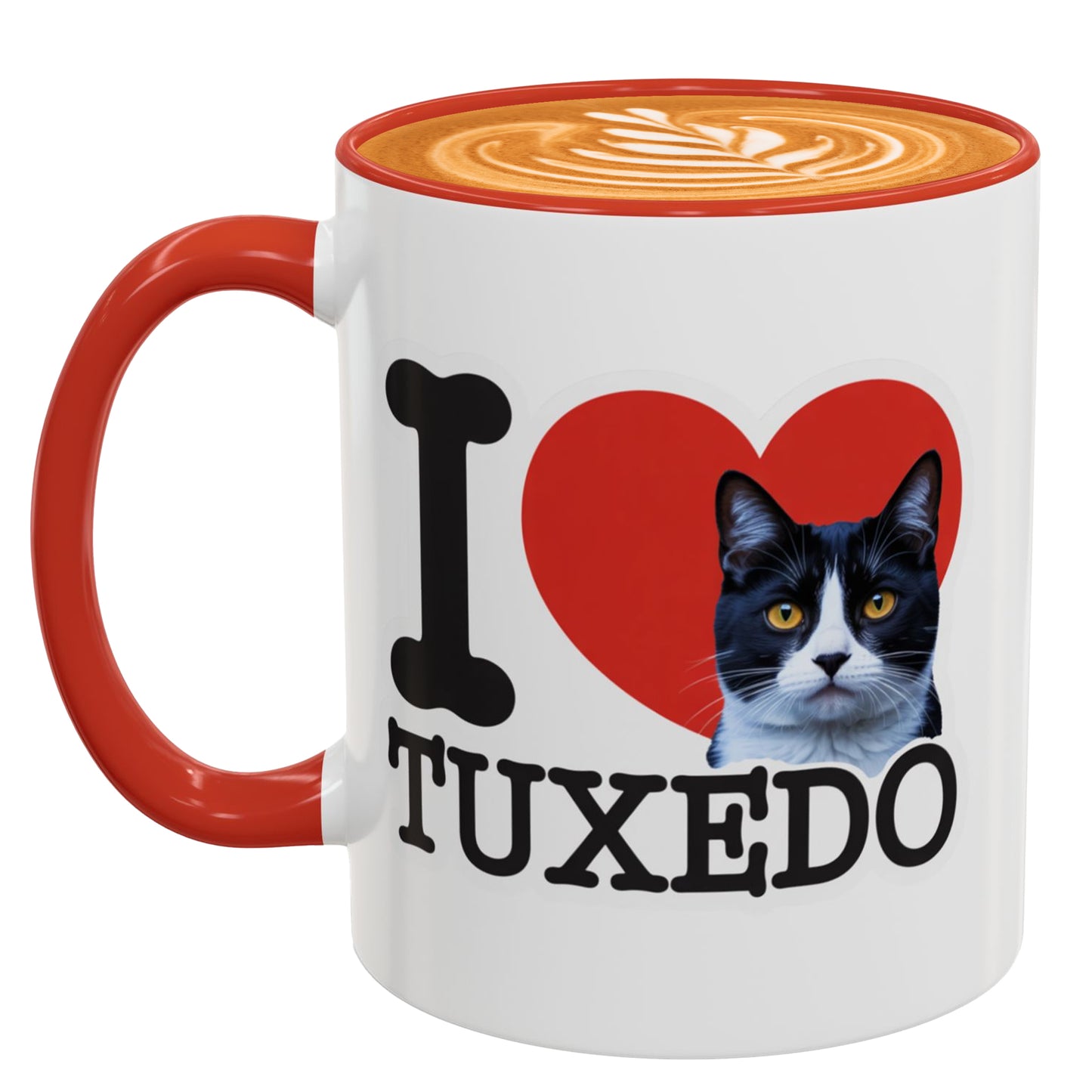 Red Accent I Love Tuxedo Cat Mug – Cute Tuxedo Cat Lover Coffee Cup with Red Accent – Lovely Gift for Girlfriend and Cat Lovers