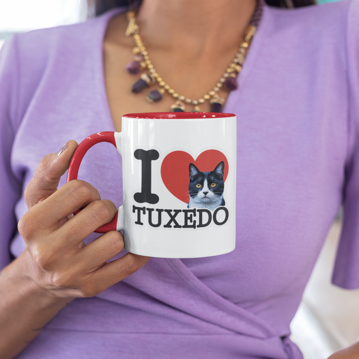 Red Accent I Love Tuxedo Cat Mug – Cute Tuxedo Cat Lover Coffee Cup with Red Accent – Lovely Gift for Girlfriend and Cat Lovers