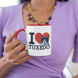 Red Accent I Love Tuxedo Cat Mug – Cute Tuxedo Cat Lover Coffee Cup with Red Accent – Lovely Gift for Girlfriend and Cat Lovers