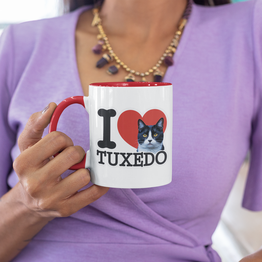 Red Accent I Love Tuxedo Cat Mug – Cute Tuxedo Cat Lover Coffee Cup with Red Accent – Lovely Gift for Girlfriend and Cat Lovers