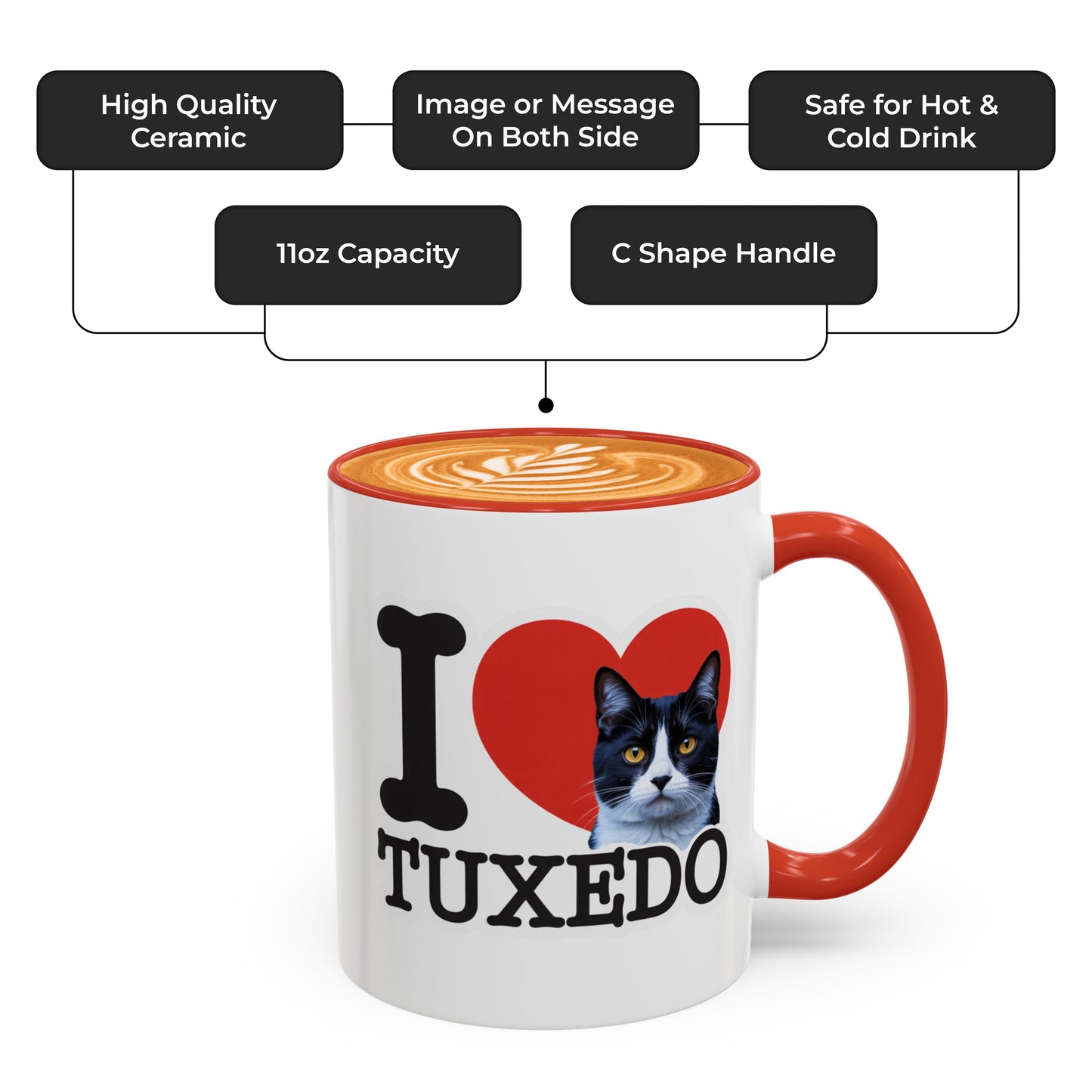 Red Accent I Love Tuxedo Cat Mug – Cute Tuxedo Cat Lover Coffee Cup with Red Accent – Lovely Gift for Girlfriend and Cat Lovers