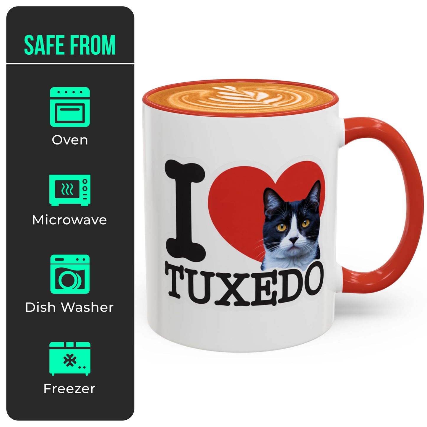 Red Accent I Love Tuxedo Cat Mug – Cute Tuxedo Cat Lover Coffee Cup with Red Accent – Lovely Gift for Girlfriend and Cat Lovers