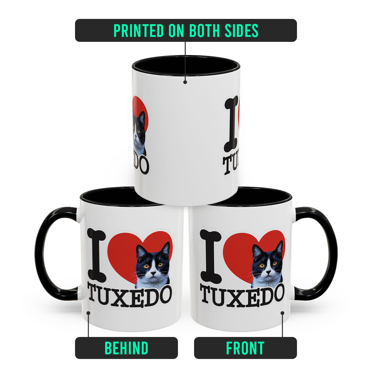 Black Accent I Love Tuxedo Cat Mug – Cute Tuxedo Cat Lover Coffee Cup with Black Accent – Funny Gift for Cat Owners, Women & Men