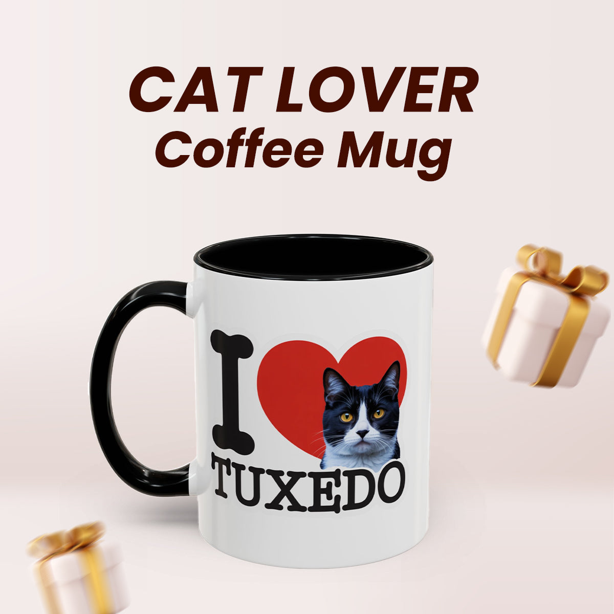 Black Accent I Love Tuxedo Cat Mug – Cute Tuxedo Cat Lover Coffee Cup with Black Accent – Funny Gift for Cat Owners, Women & Men