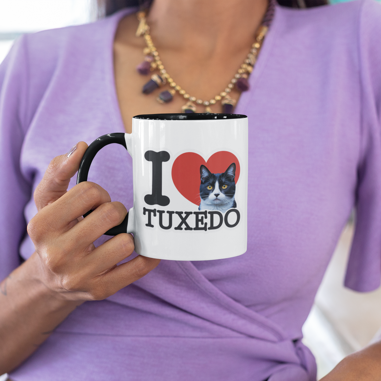 Black Accent I Love Tuxedo Cat Mug – Cute Tuxedo Cat Lover Coffee Cup with Black Accent – Funny Gift for Cat Owners, Women & Men
