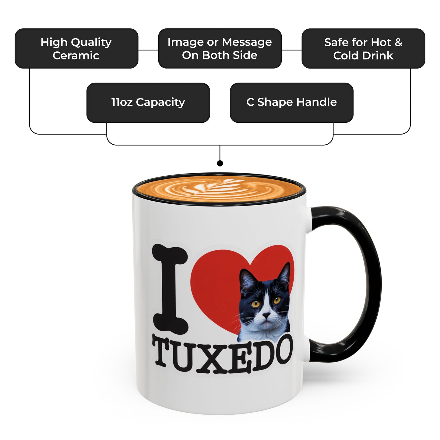 Black Accent I Love Tuxedo Cat Mug – Cute Tuxedo Cat Lover Coffee Cup with Black Accent – Funny Gift for Cat Owners, Women & Men