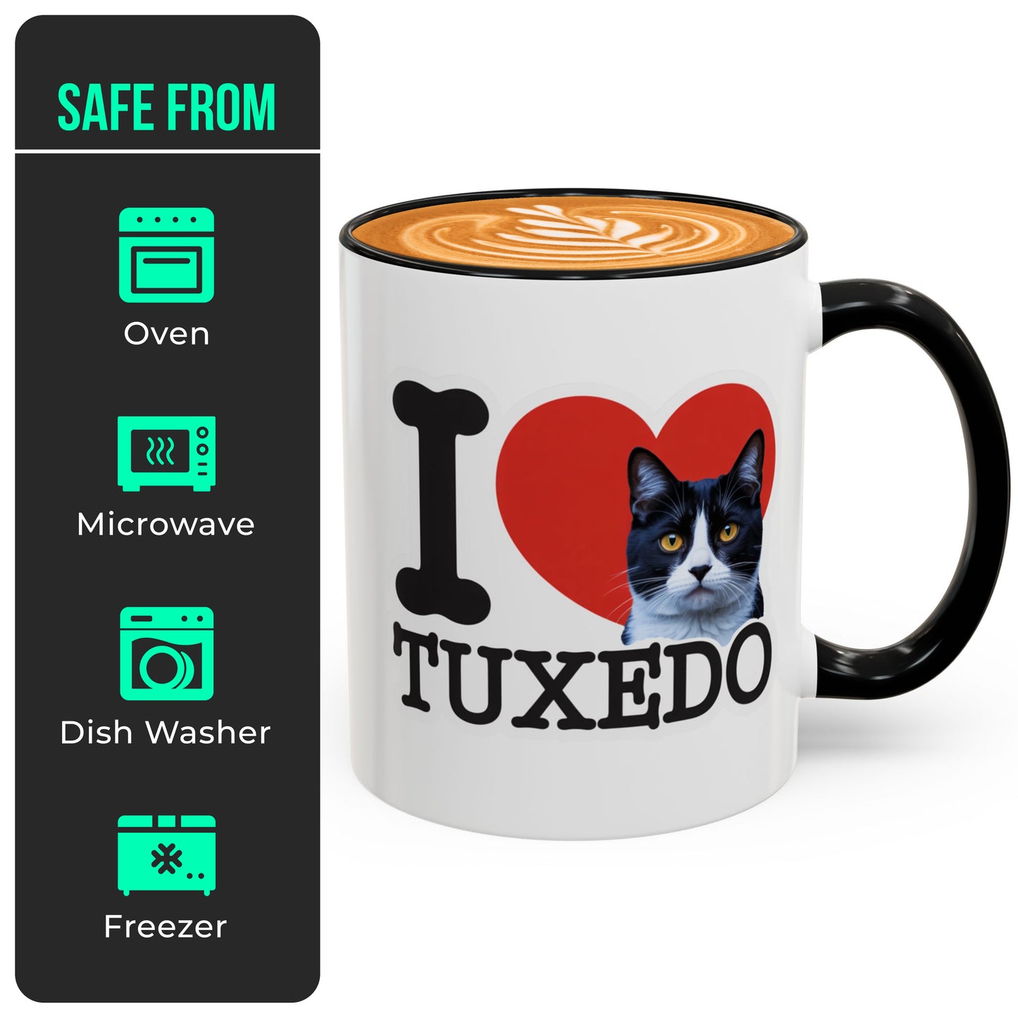 Black Accent I Love Tuxedo Cat Mug – Cute Tuxedo Cat Lover Coffee Cup with Black Accent – Funny Gift for Cat Owners, Women & Men