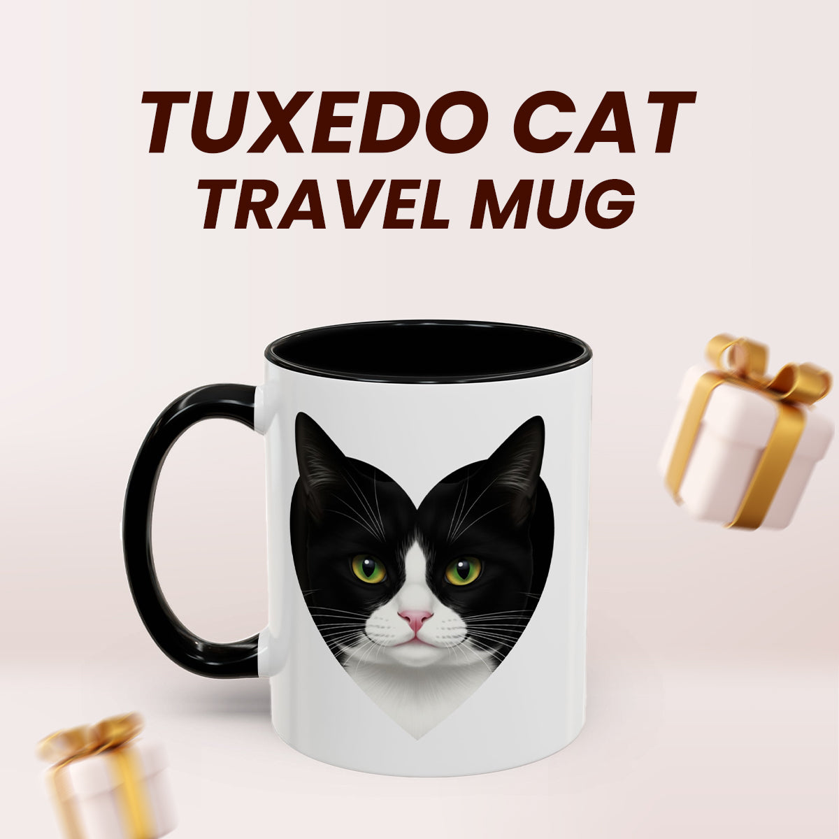 Black Accent I Love Tuxedo Cat Mug – Cute Black and White Cat Coffee Mug – Birthday or Holiday Gift for Cat Lovers and Coworkers