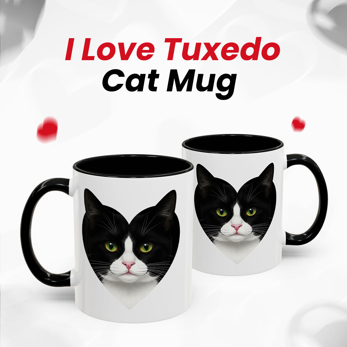 Black Accent I Love Tuxedo Cat Mug – Cute Black and White Cat Coffee Mug – Birthday or Holiday Gift for Cat Lovers and Coworkers