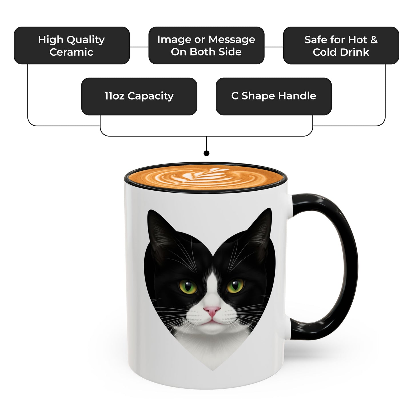 Black Accent I Love Tuxedo Cat Mug – Cute Black and White Cat Coffee Mug – Birthday or Holiday Gift for Cat Lovers and Coworkers