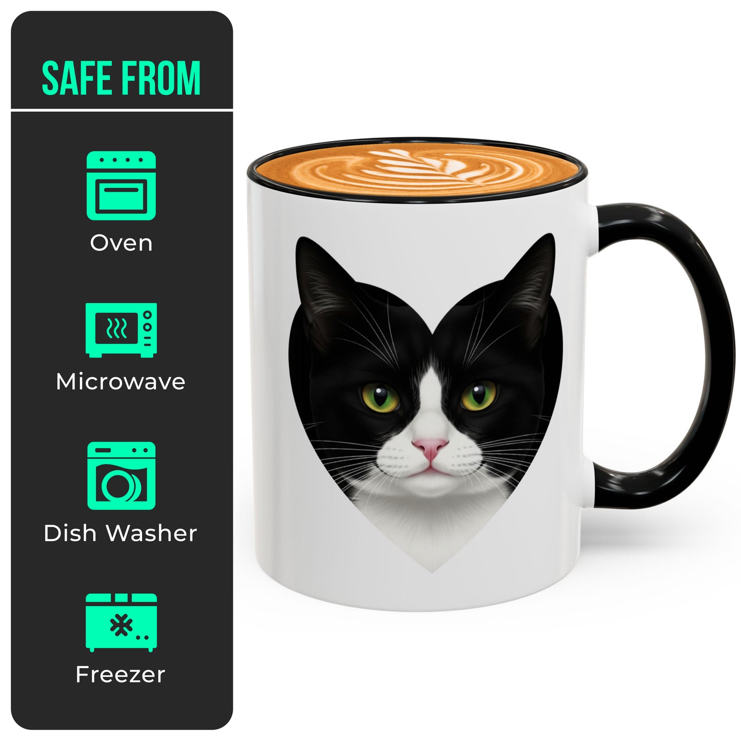 Black Accent I Love Tuxedo Cat Mug – Cute Black and White Cat Coffee Mug – Birthday or Holiday Gift for Cat Lovers and Coworkers