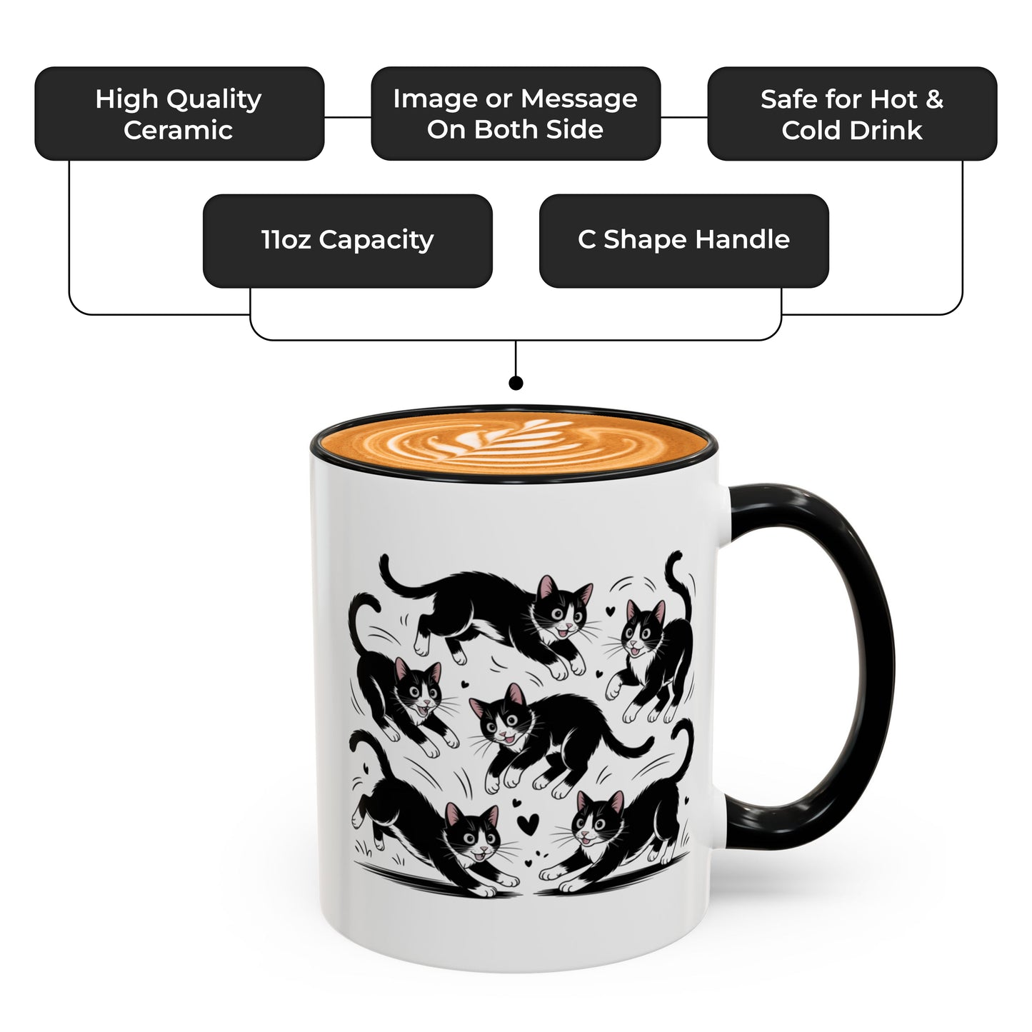 Tuxedo Cat Themed Coffee Mug – Funny Cat Lover Mug for Women, Men, Wife, Husband, or Friend – Ceramic Cat Cup Black Accent 11oz