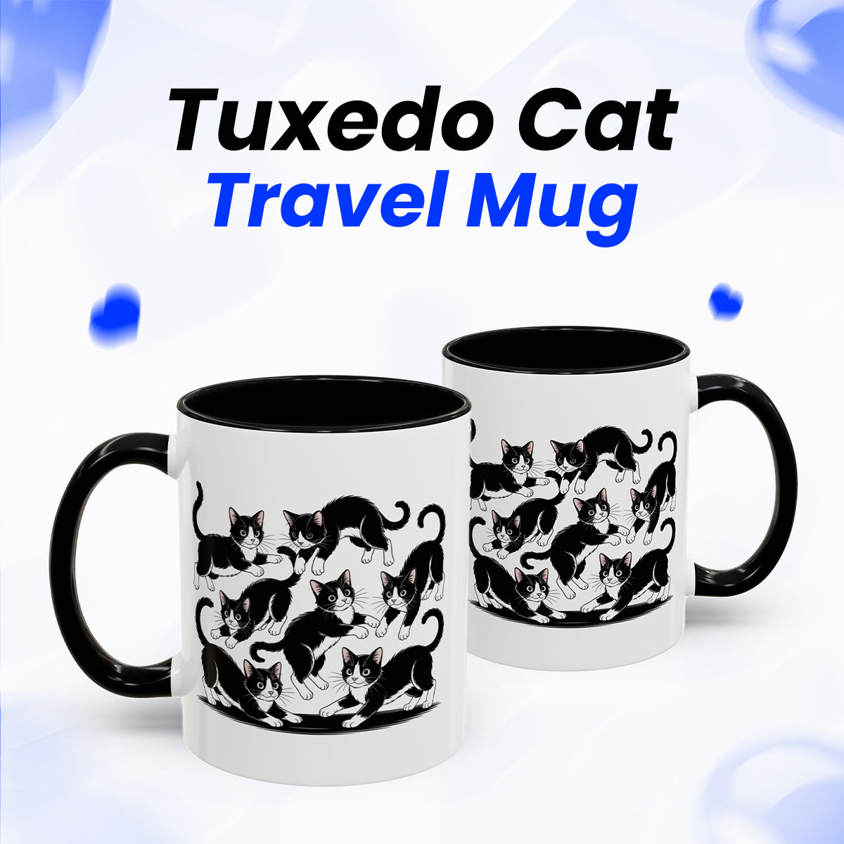 Tuxedo Cat Travel Mug – Black White Tuxedo Cat Playful Postures – Great for Cat Loving Friends, Teachers, and Coworkers