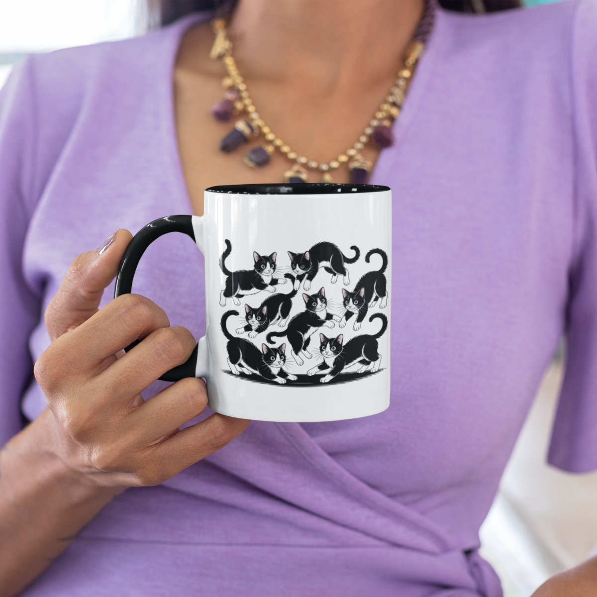 Tuxedo Cat Travel Mug – Black White Tuxedo Cat Playful Postures – Great for Cat Loving Friends, Teachers, and Coworkers