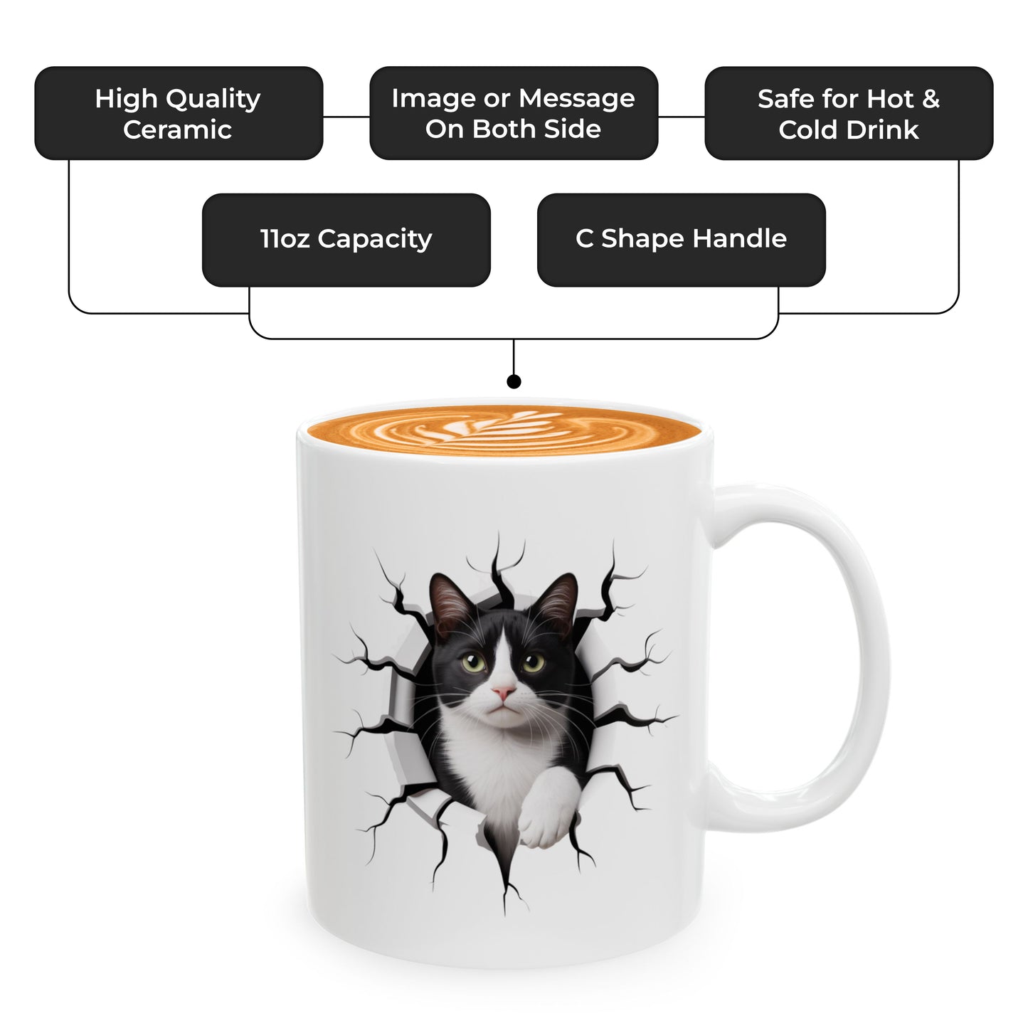 Tuxedo Cat Mug – Black and White Cat Themed Ceramic Cup – Funny Tuxedo Cat Lover Gift for Women and Men