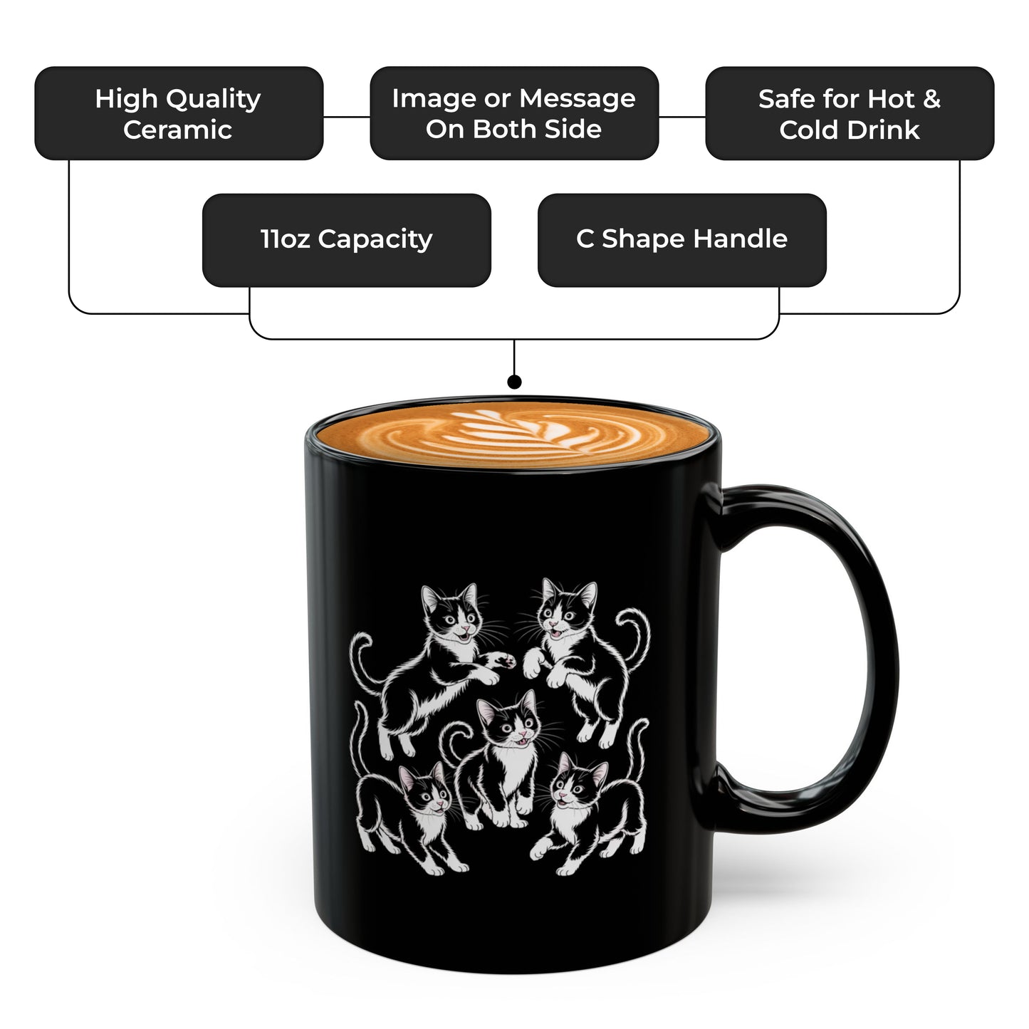Tuxedo Cat Mug – Black White Tuxedo Cat Playful Postures – Mug for Cat Lover Women, Men, Friends, and Coworkers
