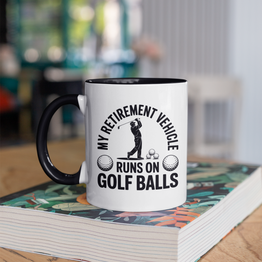 My Retirement Vehicle Runs on Golf Balls Black Accent Coffee Mug (11, 15oz)