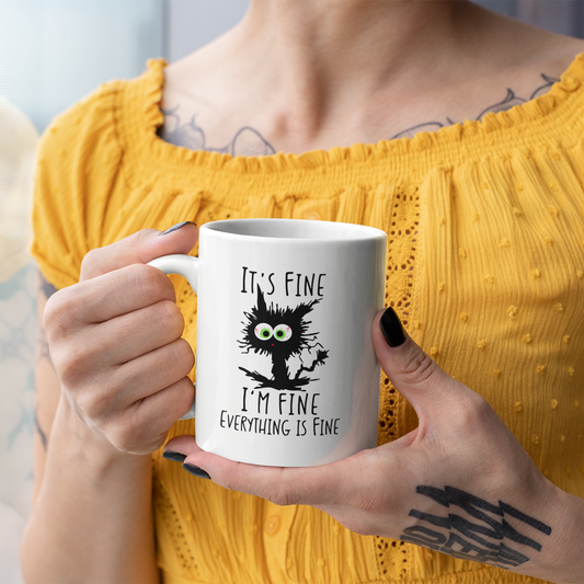 It’s Fine I’m Fine Everything Is Fine Mug – Cute Black Cat Coffee Cup
