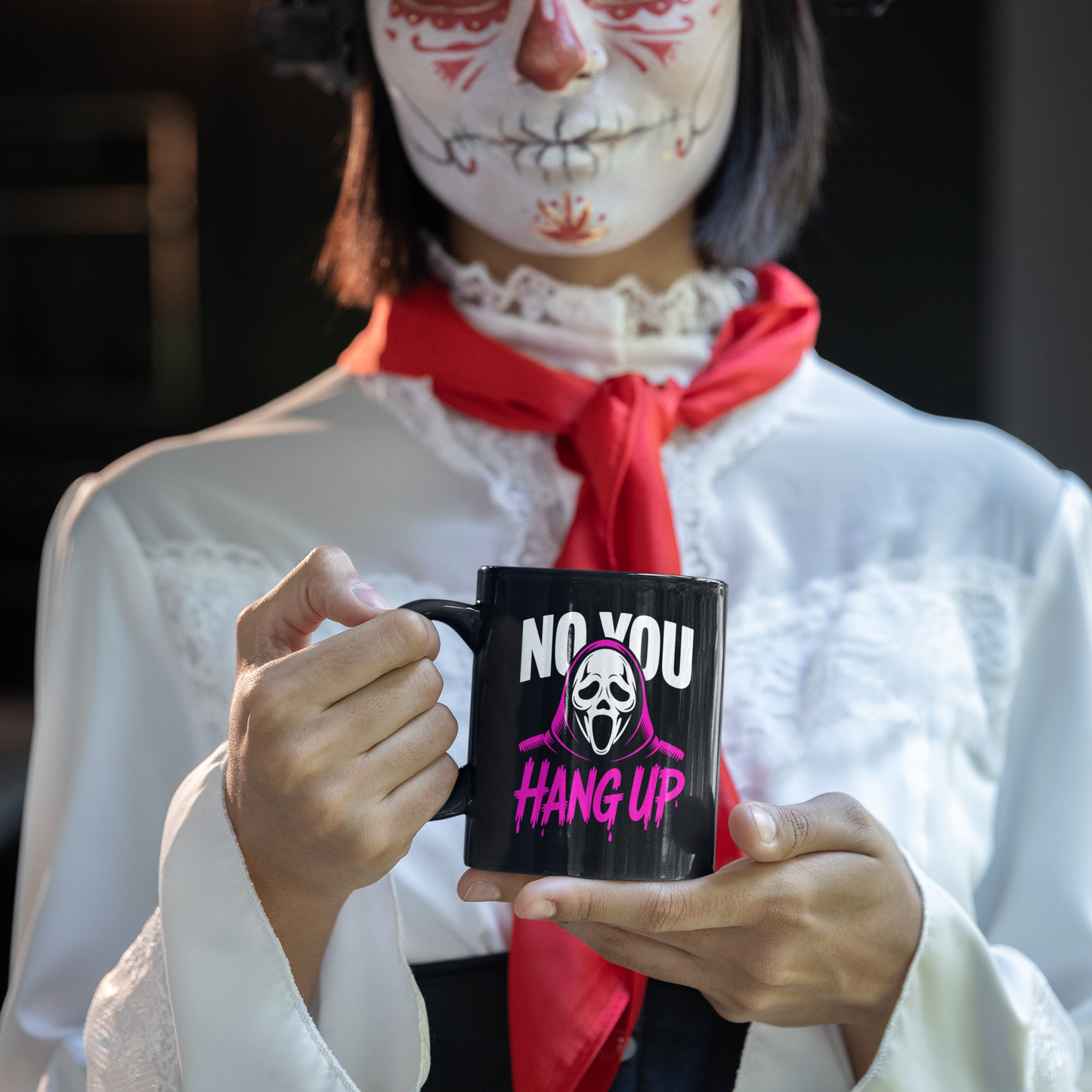 Ghostface Halloween Mug – “No You Hang Up” Ghostface Design, Spooky Scream Horror Coffee Cup