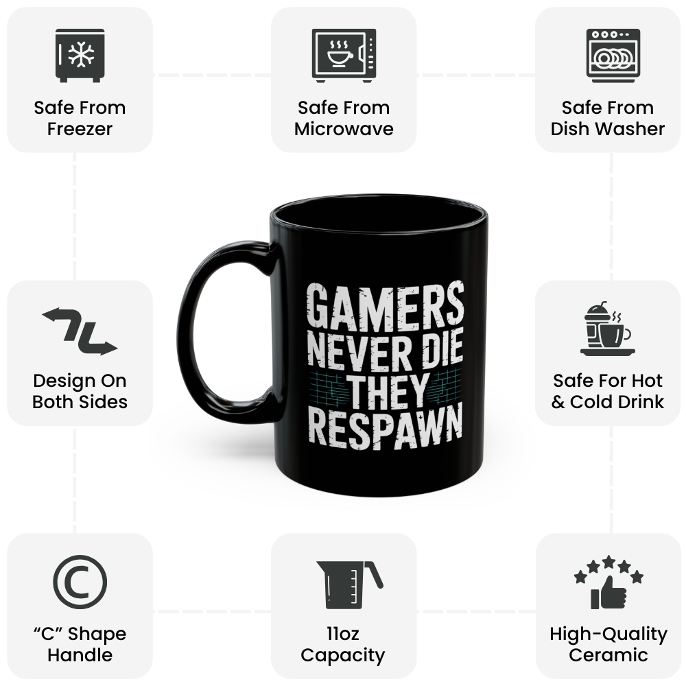 Gamers Never Die They Respawn Coffee Mug 11oz