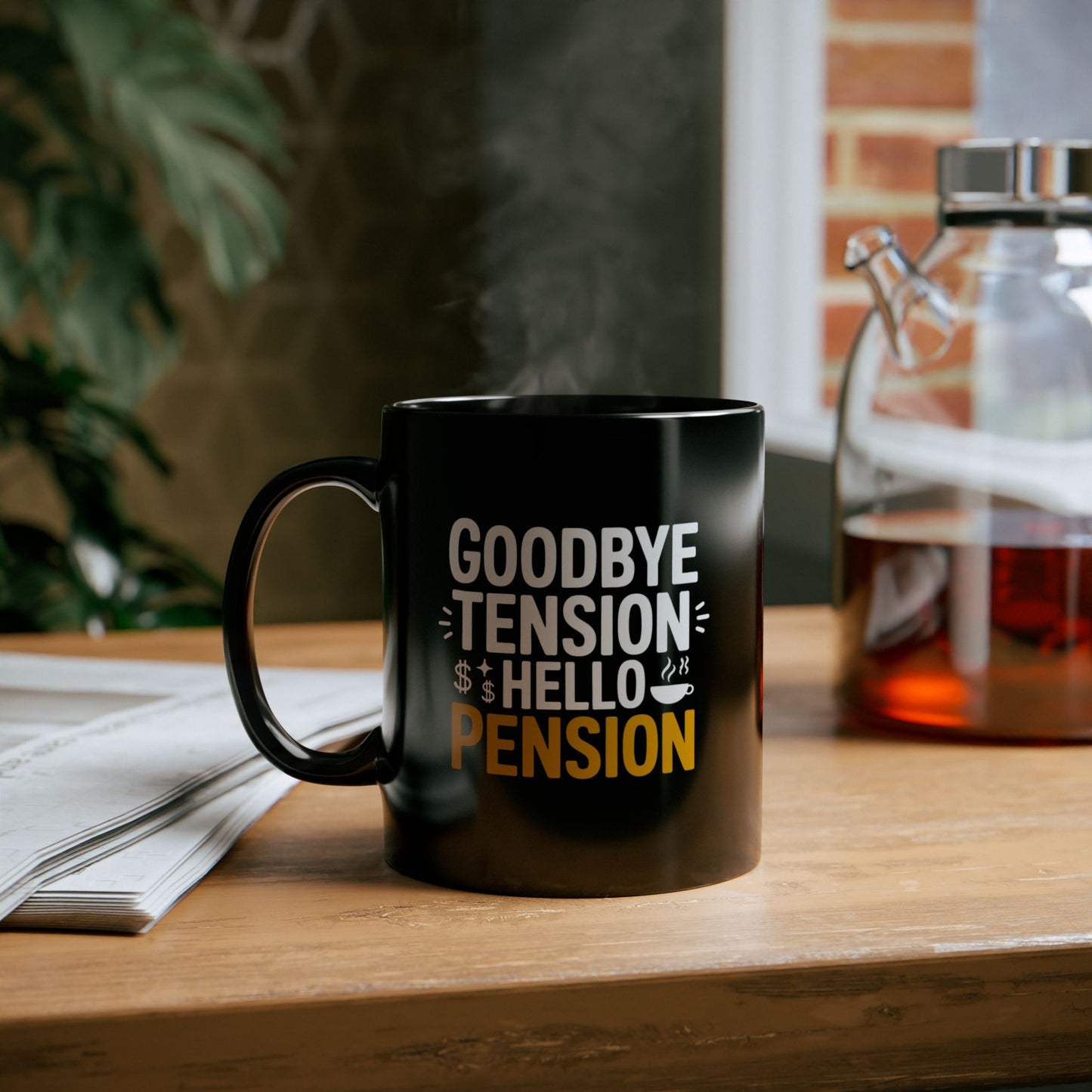 Goodbye Tension Hello Pension Mug – Funny Retirement Coffee Cup Gift for Men & Women