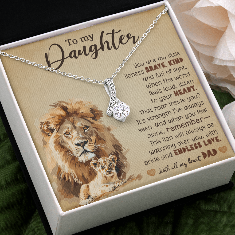 To My Daughter Necklace from Dad – Lion Pendant with 7mm Cubic Zirconia