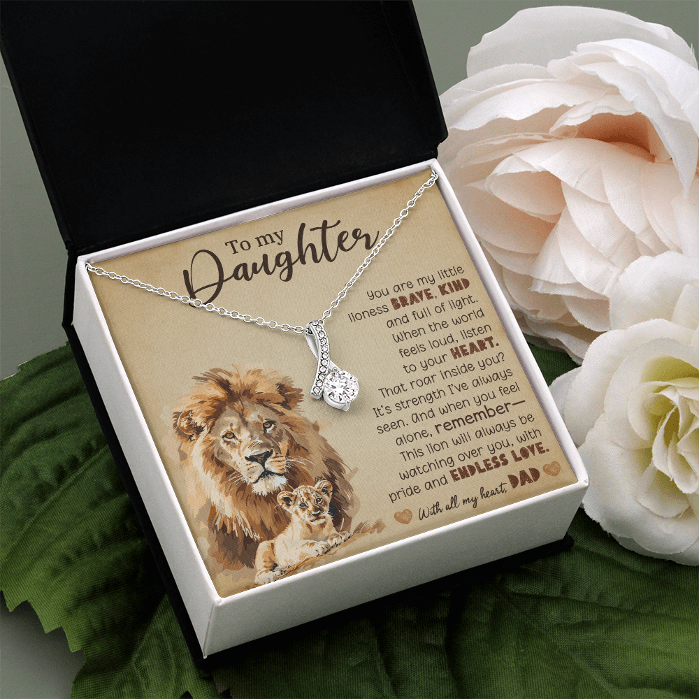 To My Daughter Necklace from Dad – Lion Pendant with 7mm Cubic Zirconia