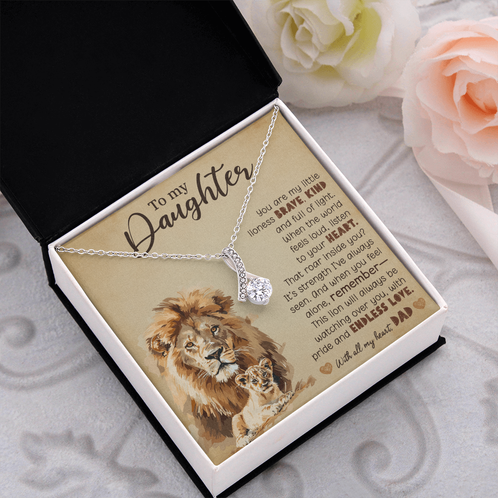 To My Daughter Necklace from Dad – Lion Pendant with 7mm Cubic Zirconia