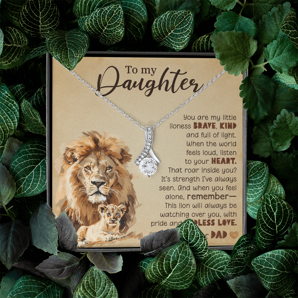 To My Daughter Necklace from Dad – Lion Pendant with 7mm Cubic Zirconia
