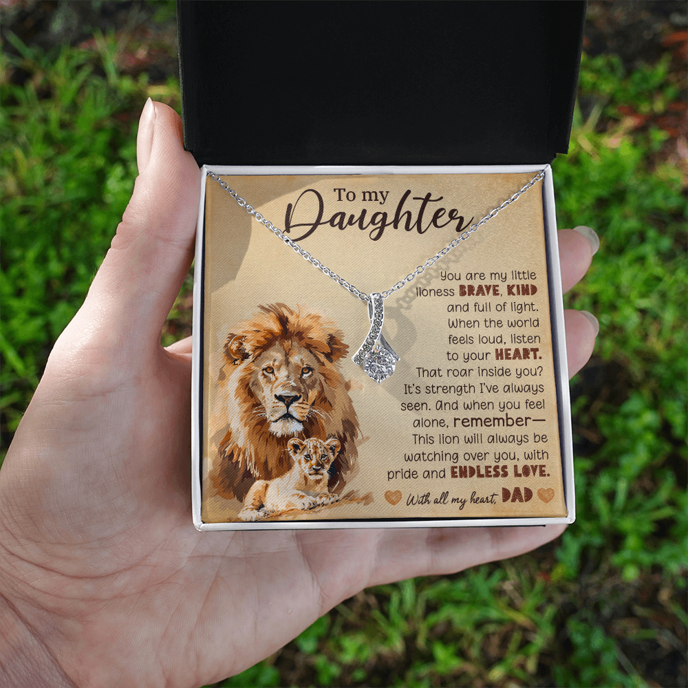 To My Daughter Necklace from Dad – Lion Pendant with 7mm Cubic Zirconia