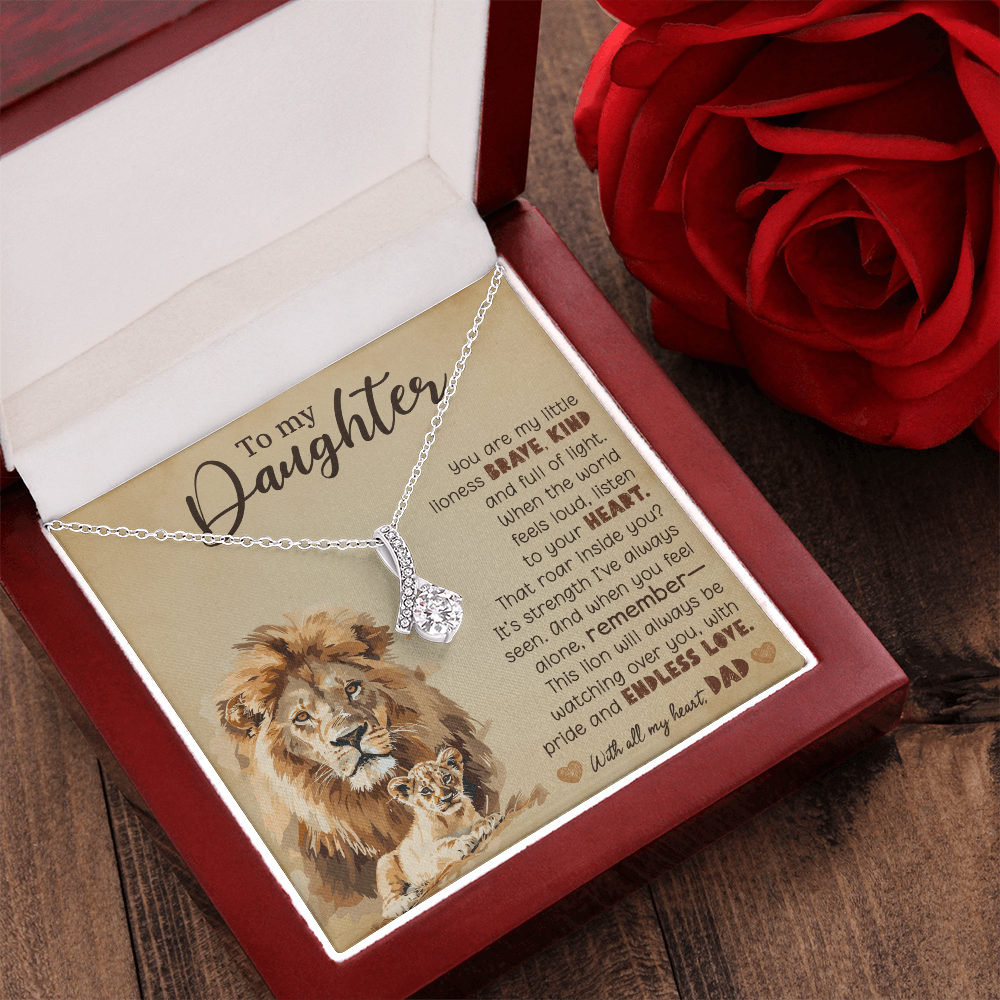 To My Daughter Necklace from Dad – Lion Pendant with 7mm Cubic Zirconia
