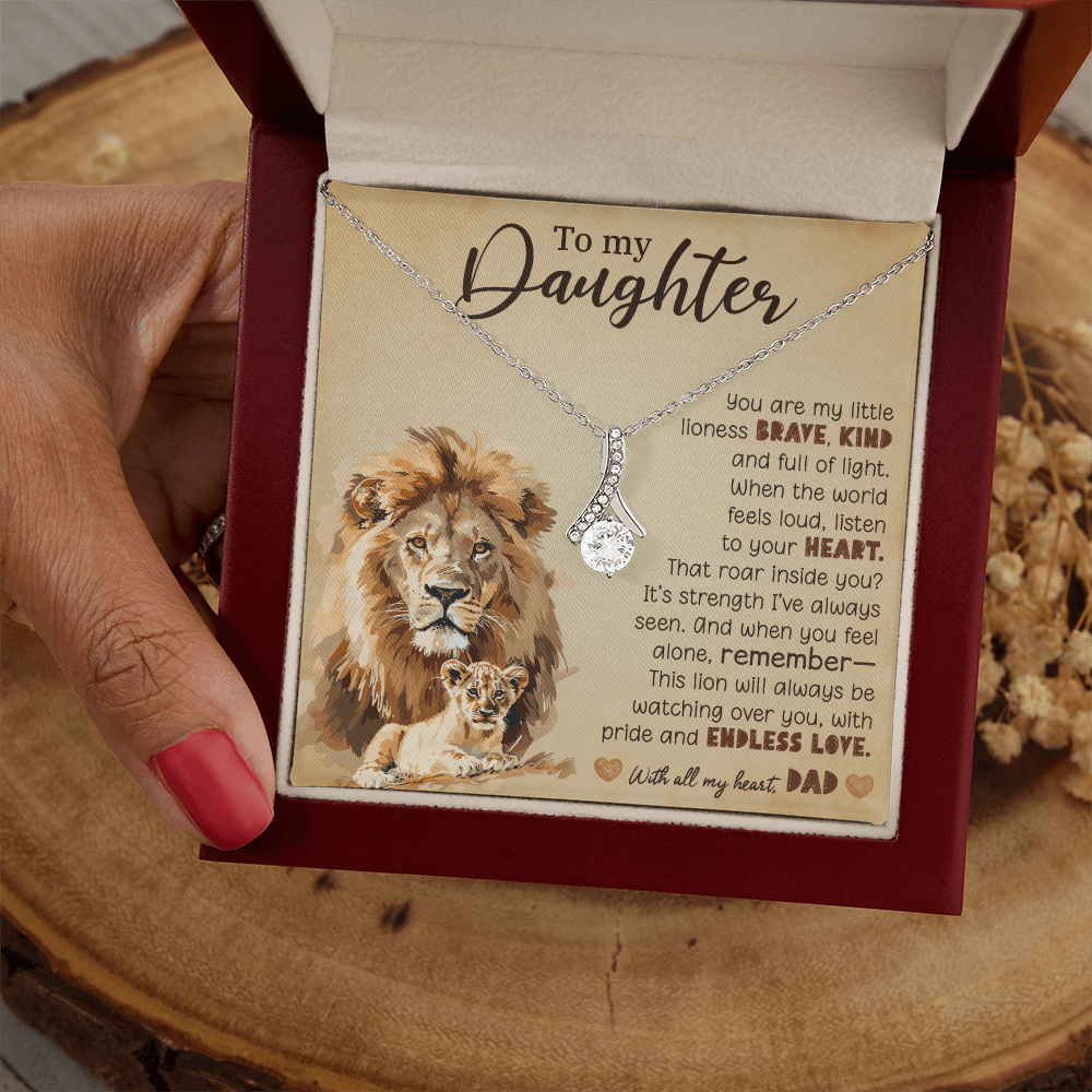 To My Daughter Necklace from Dad – Lion Pendant with 7mm Cubic Zirconia