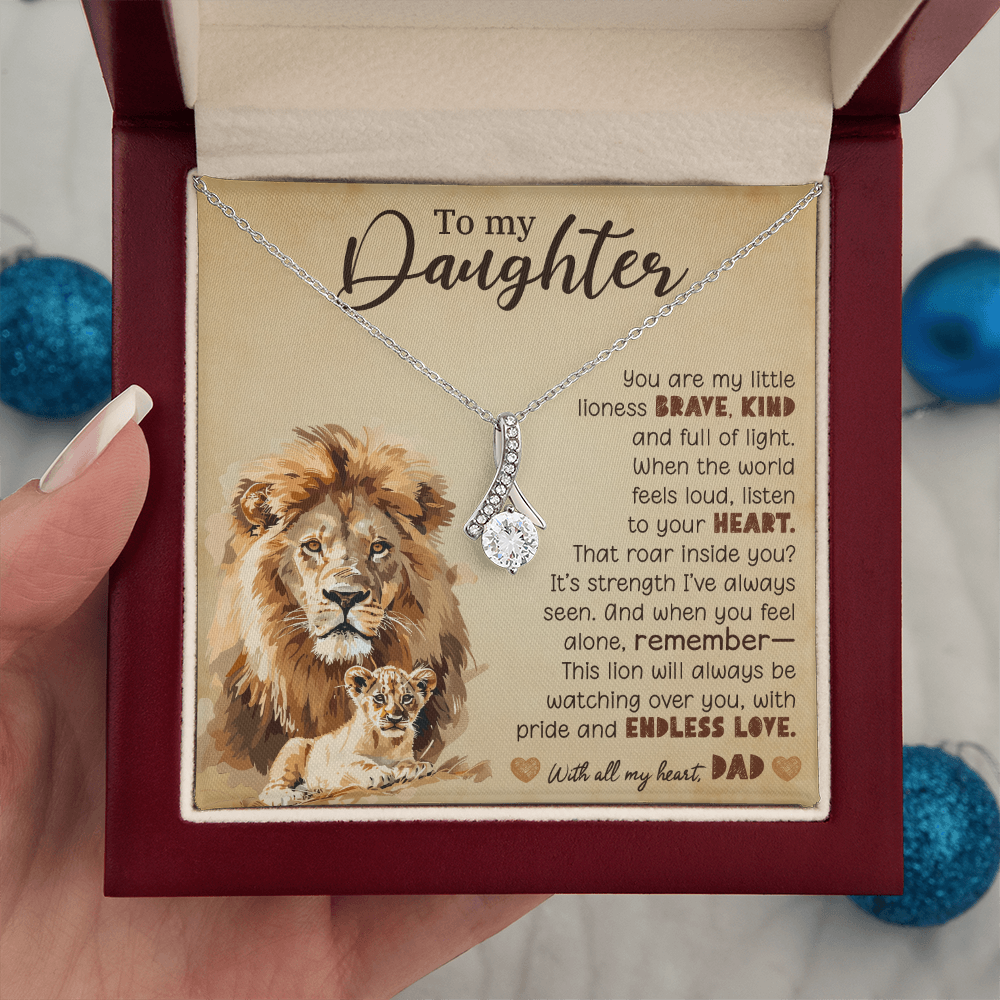 To My Daughter Necklace from Dad – Lion Pendant with 7mm Cubic Zirconia
