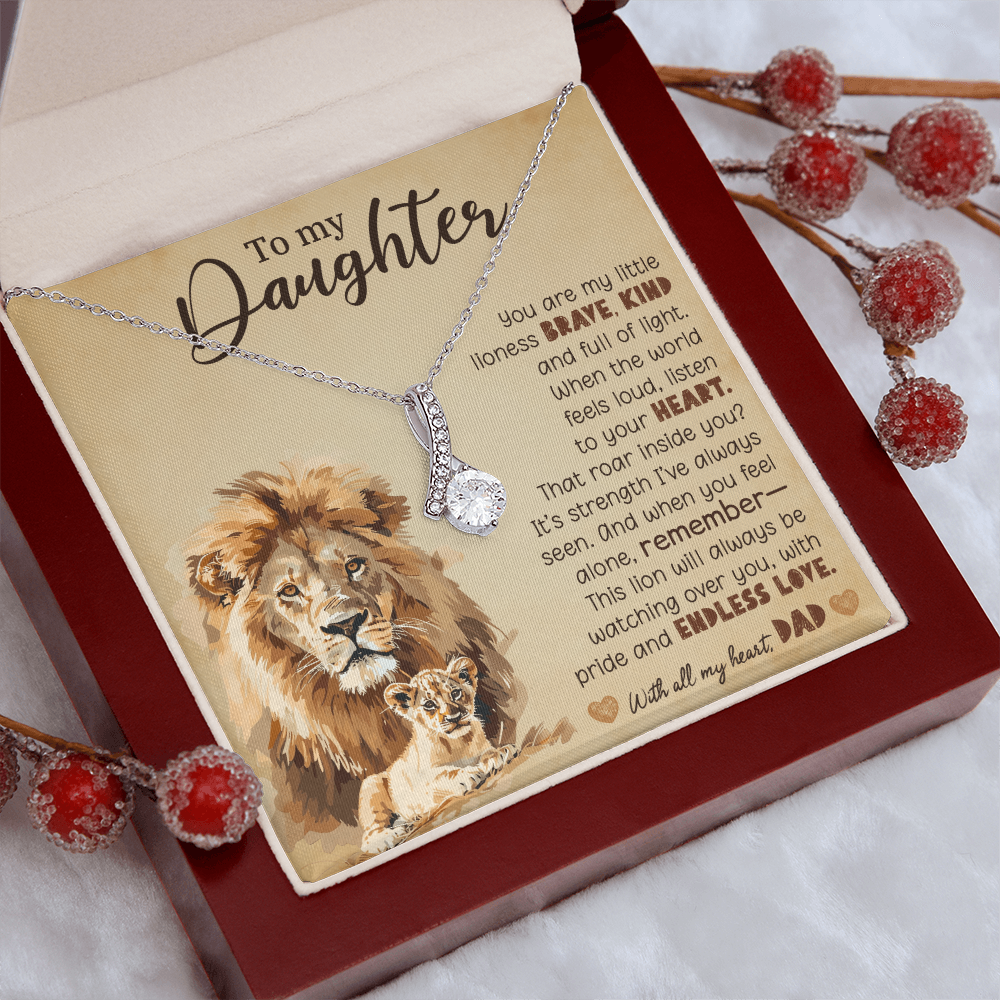 To My Daughter Necklace from Dad – Lion Pendant with 7mm Cubic Zirconia